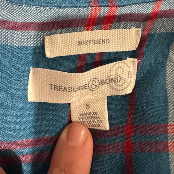 Treasure & Bond Teal Blue Plaid "Boyfriend" Flannel Shirt - Size S - Picture 3 of 4